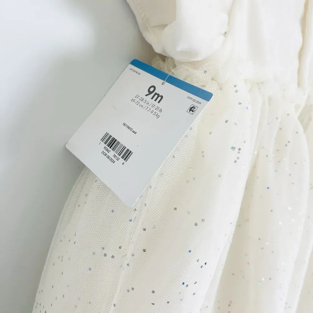 Baby Girls Carters Short Sleeve Off White‎ Sparkly Tulle Mesh Dress -9 Months
